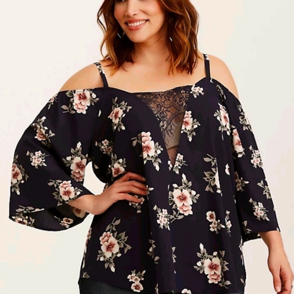 Torrid Floral Print Lace Inset Cold Shoulder Top
